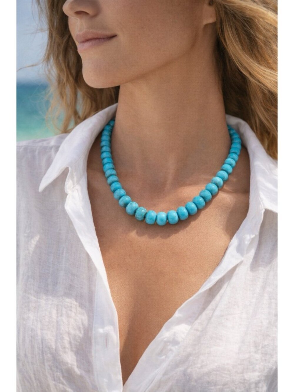 Turquoise Blue Bead Necklace Statement Gold Tone Signed RL Adjustable Length